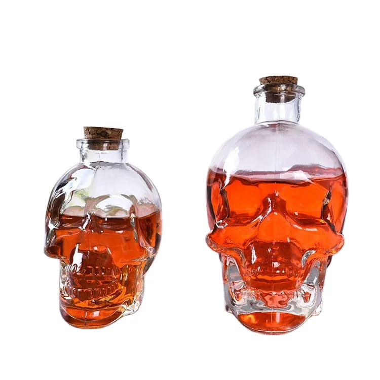 Empty Clear Skull Glass Liquor  Bottles 50ml 100ml 300ml 500ml 750ml  Skal Shape Glass Spirits Wine Bottles With Cork Lid