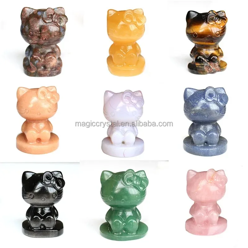 Резьба вручную 2 дюйма натуральный розовый кварц кристалл мультфильм Hello Kitty кошка резьба для украшения дома