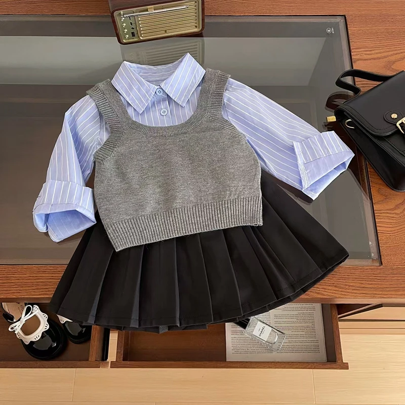 2024 Spring Baby Girl Knitted Vest Skirt Set Girls Striped Shirt Knitted Vest Pleated Skirt 3-Piece Set