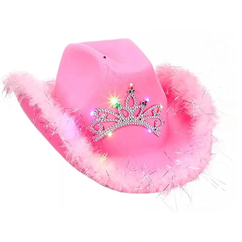 Party LED Flashing Cowboy Hat Feather Bulk Pink Crown Cowboy Hat with LED Light Sequin