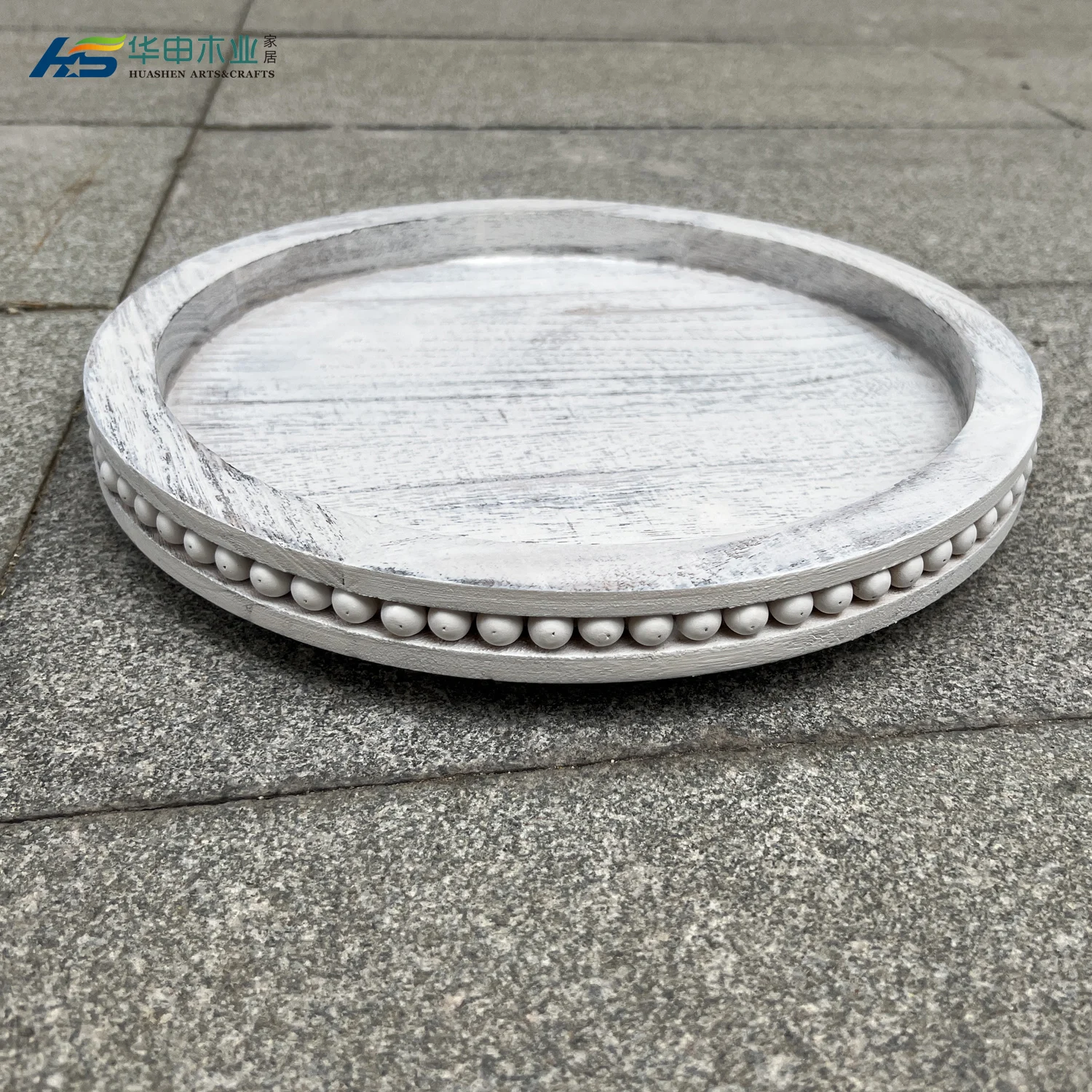 Whitewash Wood Beaded Tray Decorative Farmhouse Style Distressed Round Distressed White Beaded Rim Wood Tray