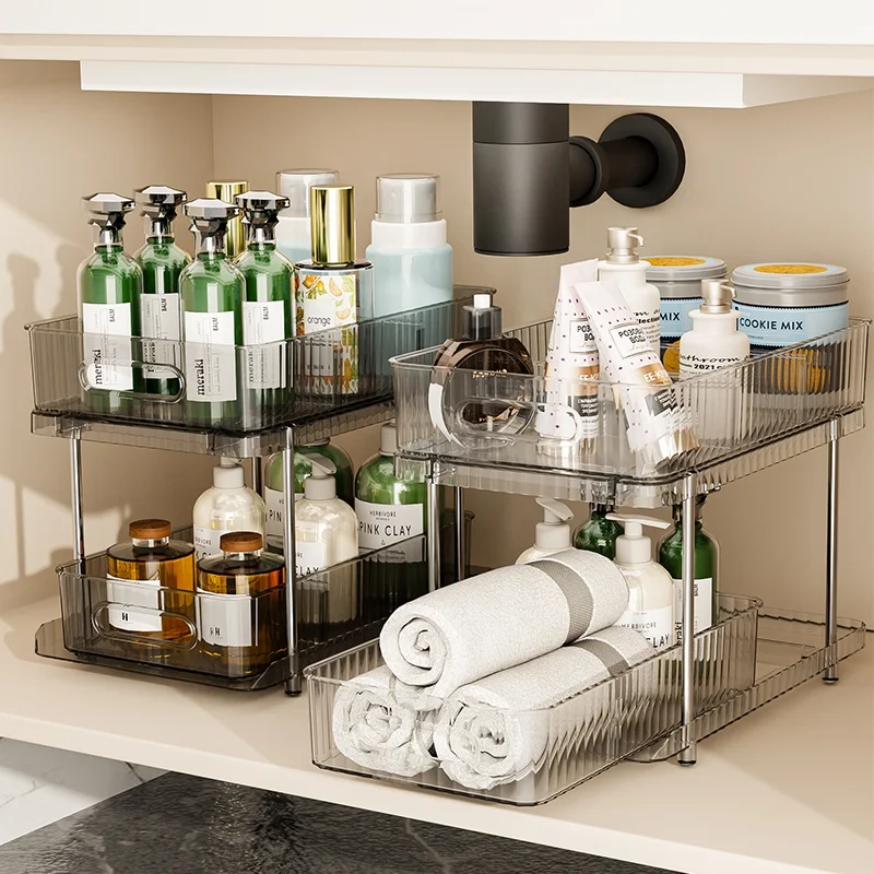 Home stainless steel white PET transparent shelf kitchen bathroom racks cabinets pull-out under sink organizers storage