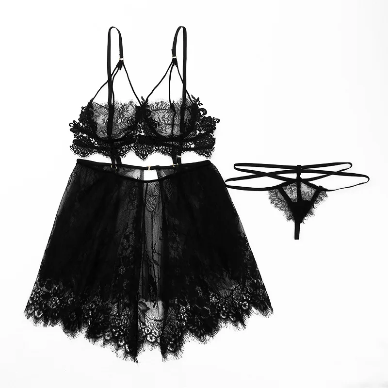2021 new arrivals sexy lace lingerie see through suspender skirt solid color women 2 piece set underwear