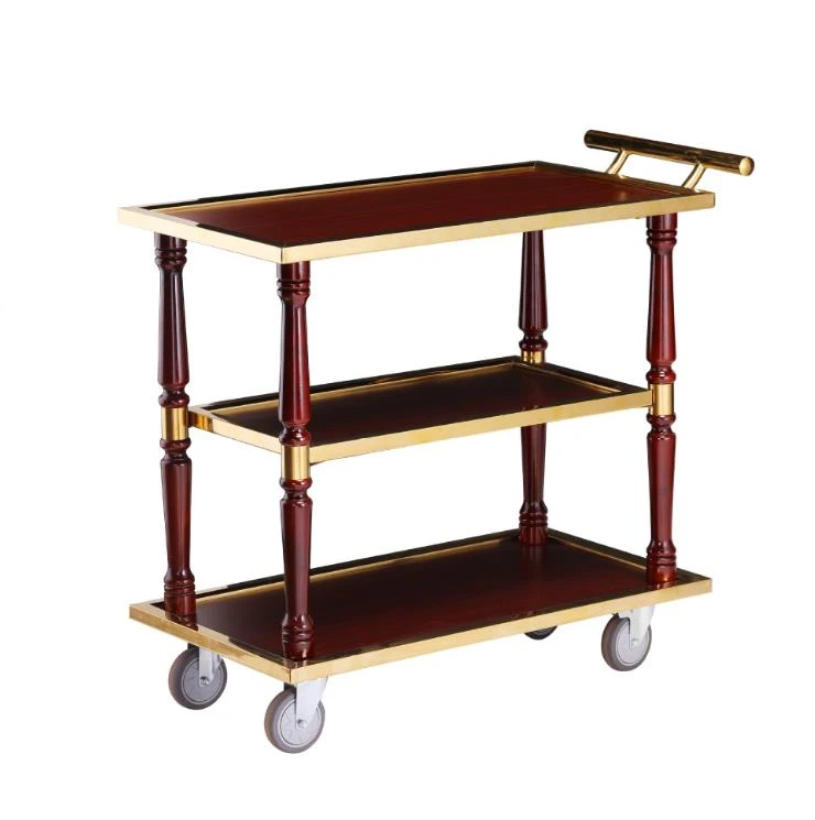 Hand Storage Cart Square Wooden for KTV Restaurant High Grade Custom Traditional Style 3 Layer Wooden Tea Trolley Liquor Trolley