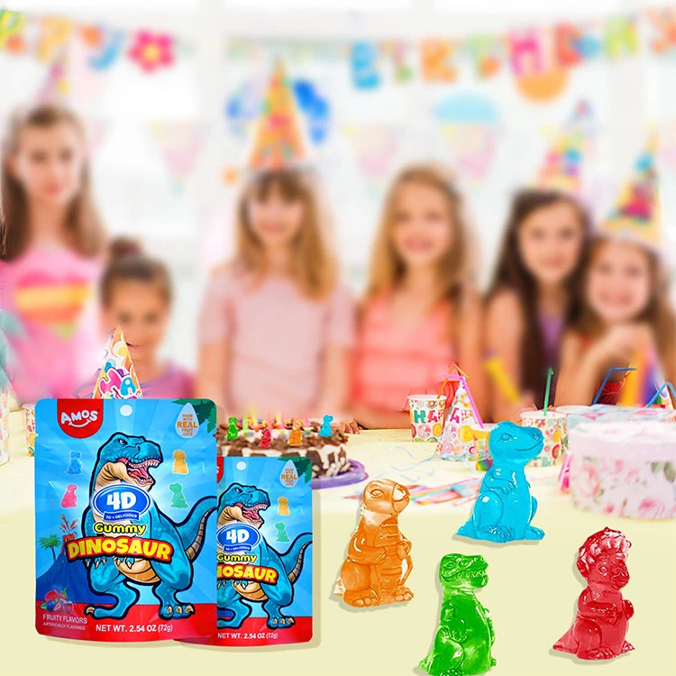 Amos 4D Assorted Flavored Wholesale Customized Bulk 3D Soft Fruit Fresh Strawberry Gummy Candy Dinosaur Sweets
