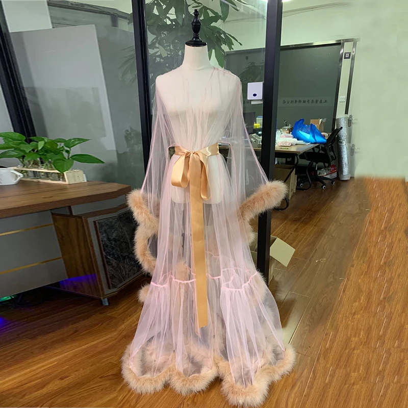 2023 christmas Long feather gown  Femme Fur robe wiht fur Sexy Lingerie women