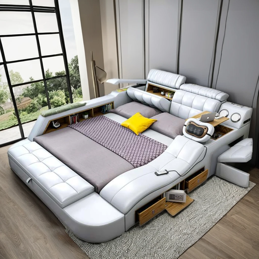 SHEZI Superior Bedroom Living Room Hotel Multifunctional Soft Bed Furniture Leather Bed Speaker USB Charger Massage Sofa Bed