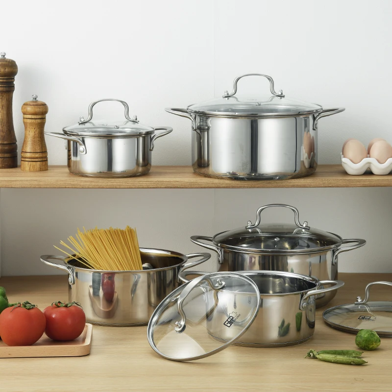 10PCS Casseroles Stockpots Cooking Pot Set Stainless Steel with Lids Kitchen Cookware Sets Chinese New Year Single Bottom 0.45mm