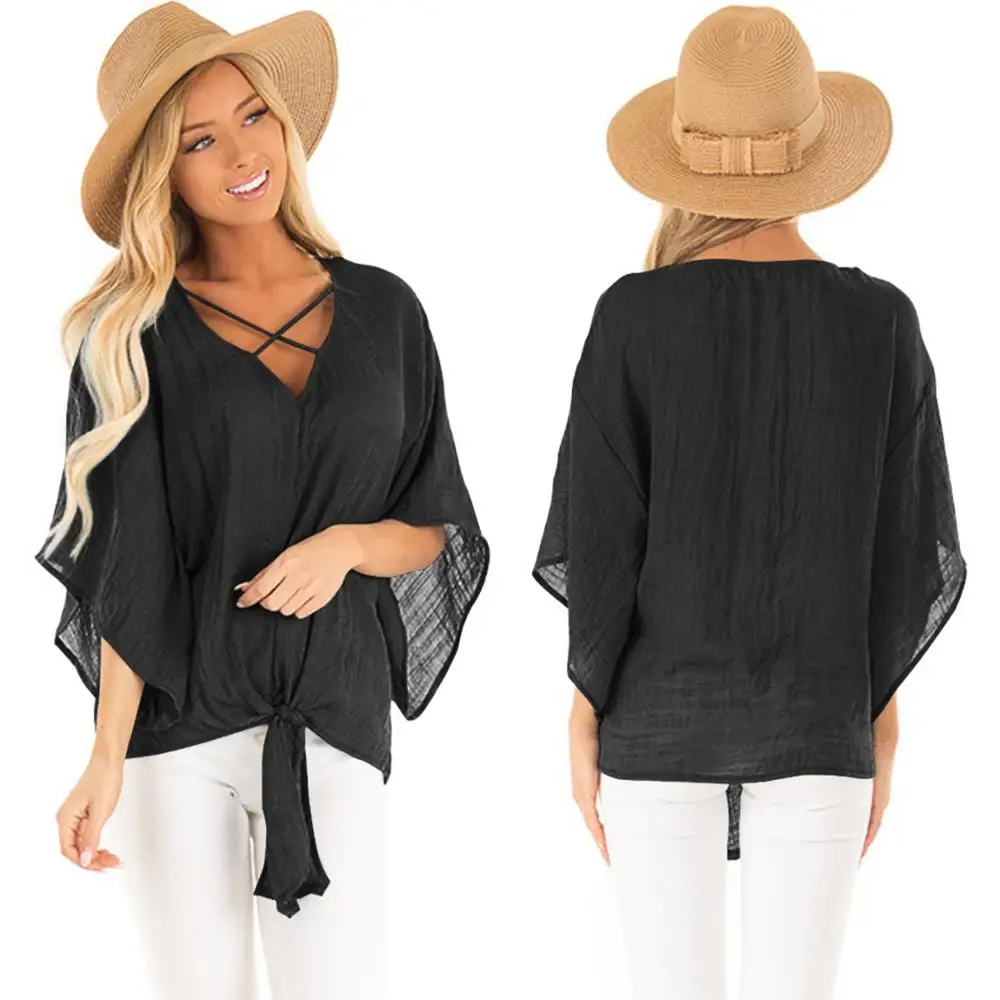 
Wholesale Summer Casual Batwinged Cover Up Soft Light Solid Color Blouse Tshirt 
