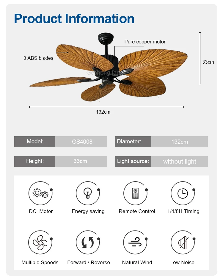 Modern 52-Inch ABS Home Decorative Ceiling Fan with 5 Blades Remote Control Bldc Electric Plastic Palm Leaves Style