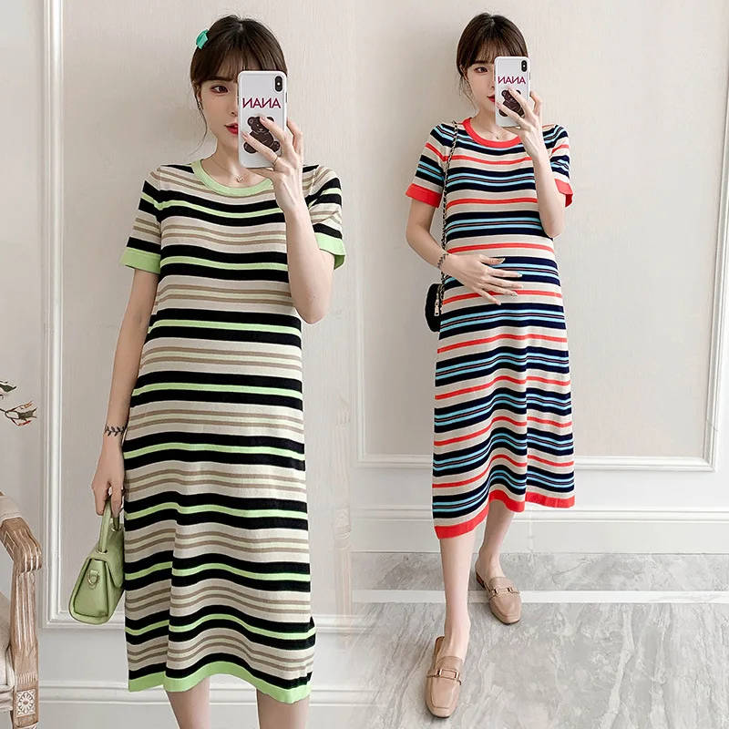 Летнее платье для беременных свободная и тонкая полосатая трикотажная юбка удобная и повседневная юбка для кормления грудью