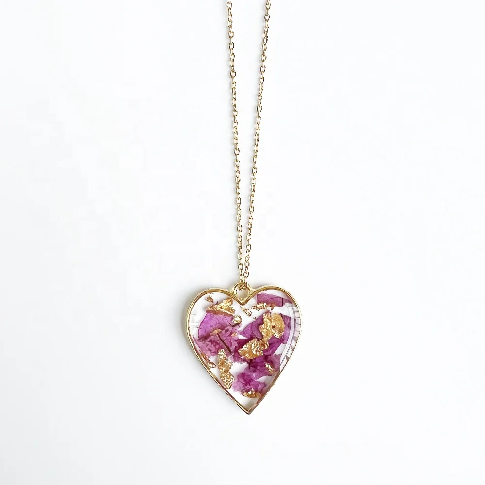 Gold flake in epoxy resin frames Natural flower pendant preserved real pressed bougainvillea petal necklace
