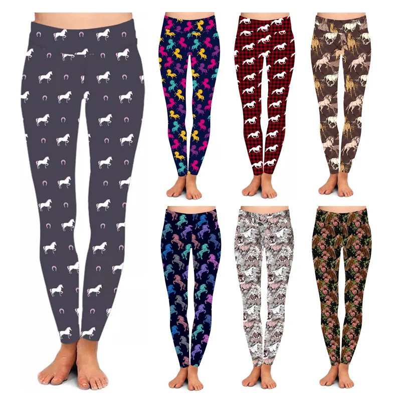 Custom design promotion wholesale buttery soft brown check running horse leggings