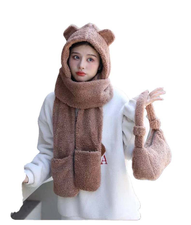 Hot Selling Brown Bear Hat Gloves Set Animal Long Mitten Hat Thick Warm Designer Set Cute Hat Scarf Gloves And Bag Set