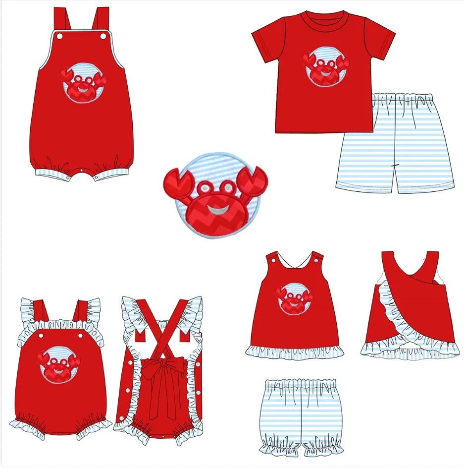 High Quality Kids Boys Red Top Summer Crab design Boutique children Outfit toddlers Applique summer smocked set