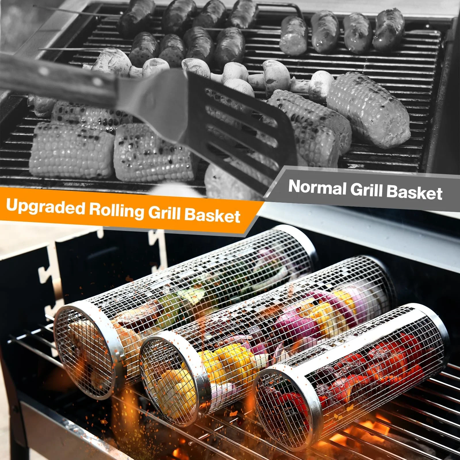 Wholesale New Round Portable Net Tube Cylinder 304 Stainless Steel Bbq Rolling Grilling Baskets For Outdoor Grilling Bbq Net