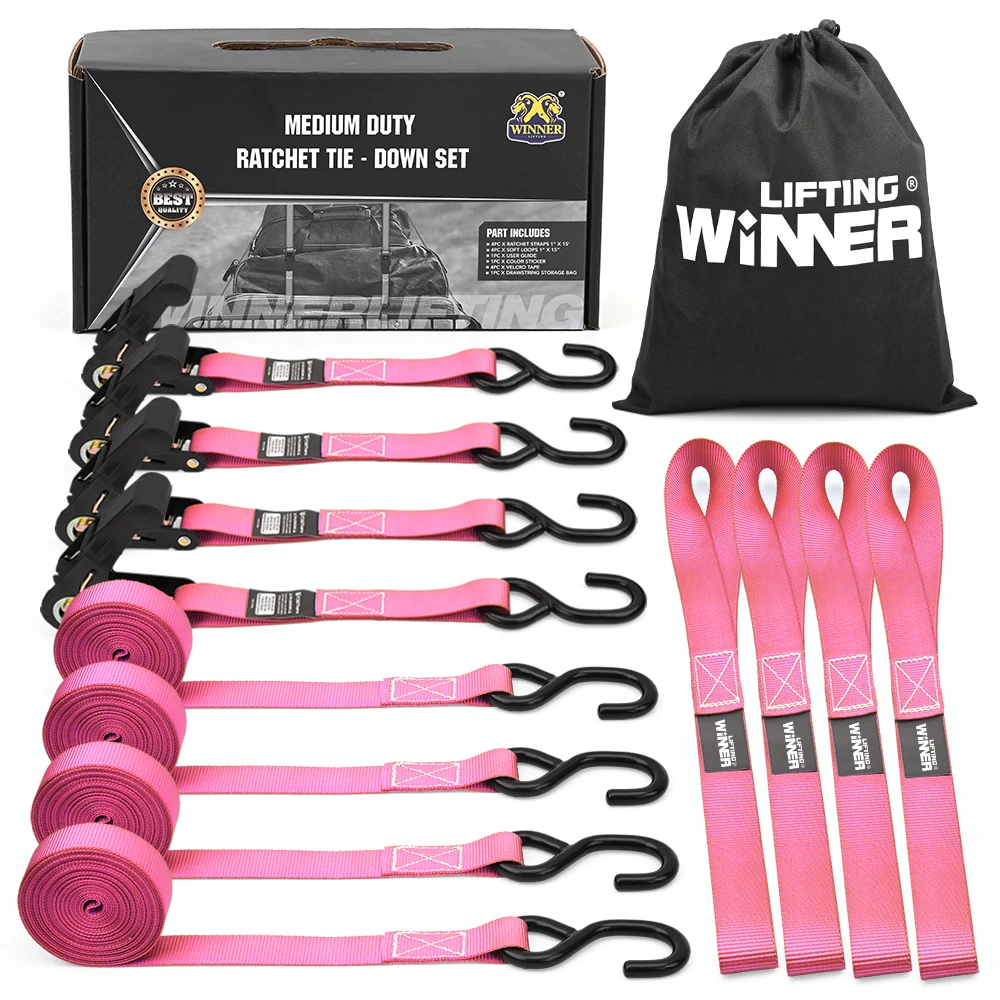 Hot Sale 25MM Ratchet Straps Pink Tie Down Ratchets  lashing Belts With S Hook