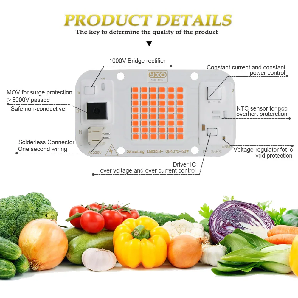 YXO Full spectrum led cob Светодиодная лампа шарик 50 Вт переменного тока светодиодный чип светильник 220V 660nm 395nm