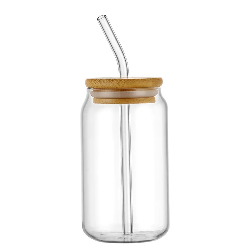 Online Hot 16oz Can Shaped Glass Cups Beer Iced Coffee Drinking Glasses with Bamboo Lids Straw