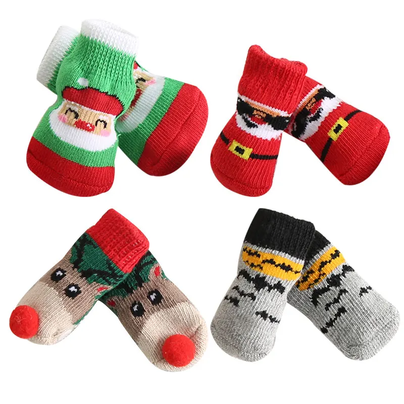 Pet Anti-Slip Knit christmas Dog Socks Cat Socks with Rubber Reinforcement Dog Paw Protector for small dogs cats