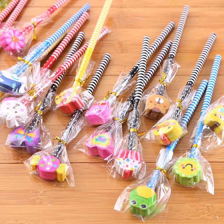 School Supplies Kawaii Erasers Pencils,Novelty Cartoon Stripes Pattern HB Pencil With Eraser for Student Sketch Drawing