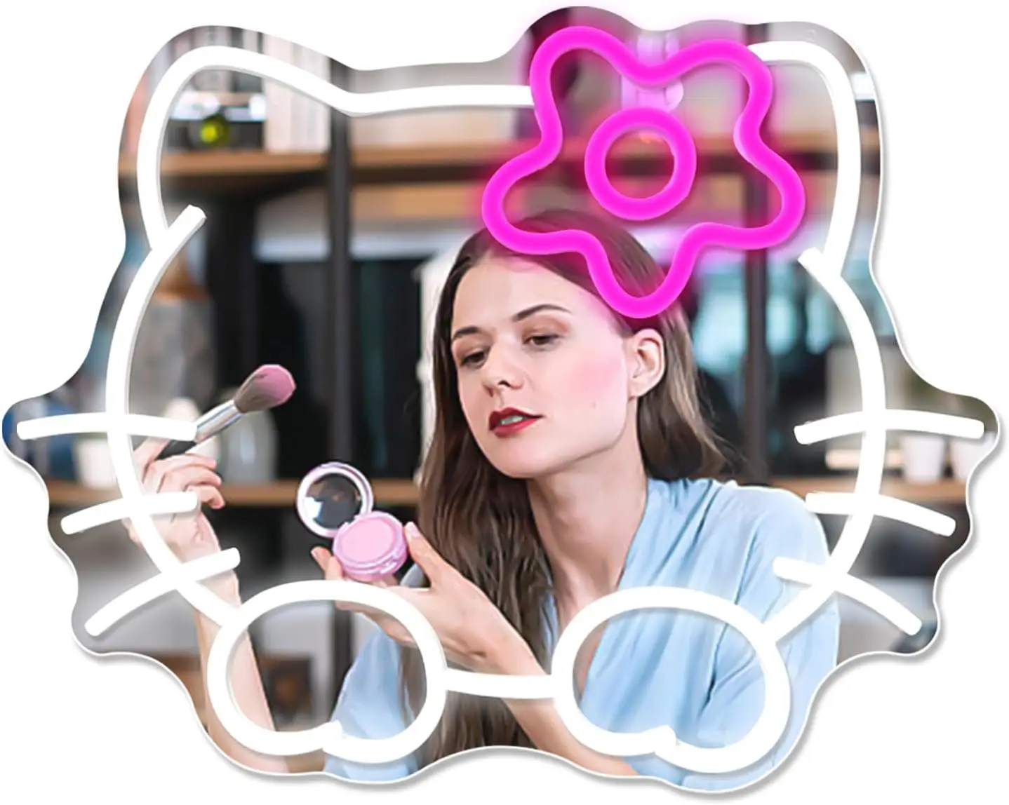 Anime Hello Kit Mirror Neon Sign Dimmable LED Neon Light Mirror Sign Bedroom Wall Decor Kid Girl Dresser Indoor Room Home Decor
