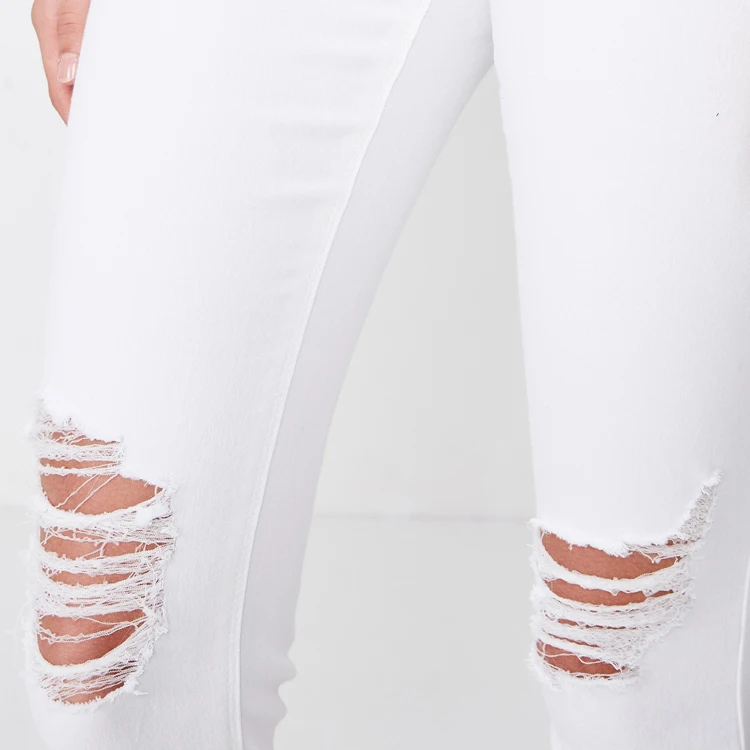 summer new fashion women white high waist skinny ripped jeans