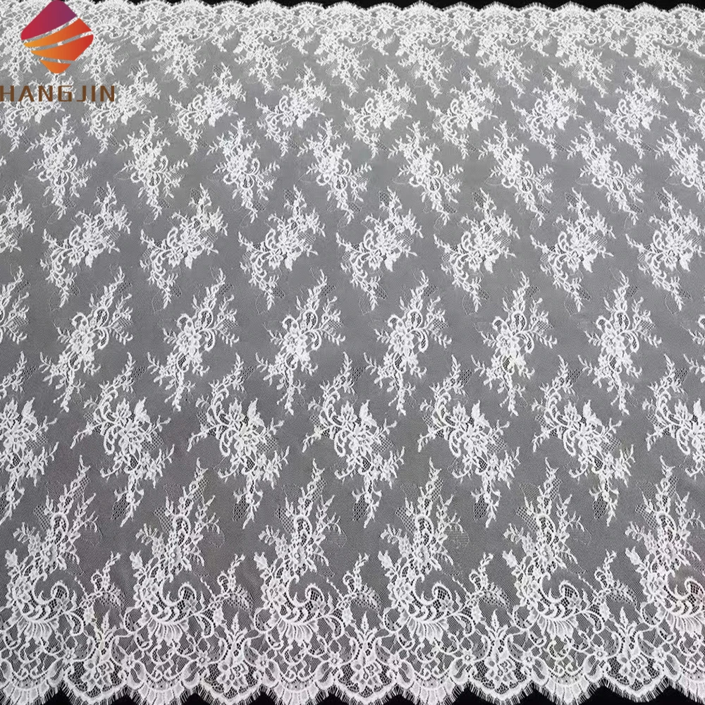 Ivory Embroidery Leaf Pattern White Eyelash French Chantilly Lace Fabric Soft Bridal Lace Fabric For Wedding Gown Prom Dress