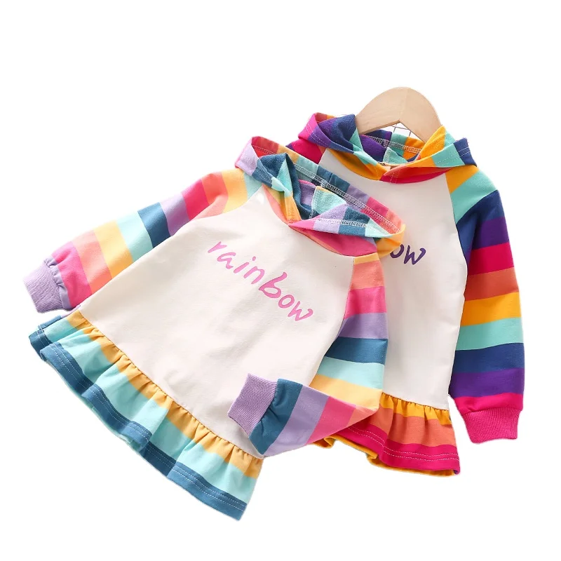 Детская разноцветная Полосатая юбка с капюшоном, осенняя одежда 2020, повседневные платья для девочек в стиле пэчворк с капюшоном