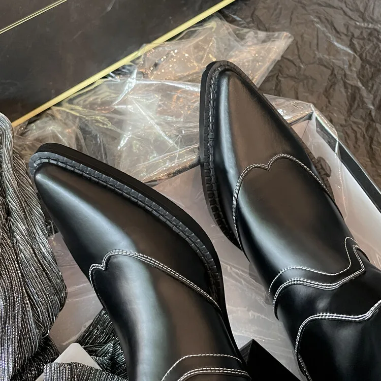 Cialisa White Autumn Winter Genuine Leather Designer Shoes Women Pointed Toe Chunky Mid Heels Ankle Boots Western Cowboy Boot