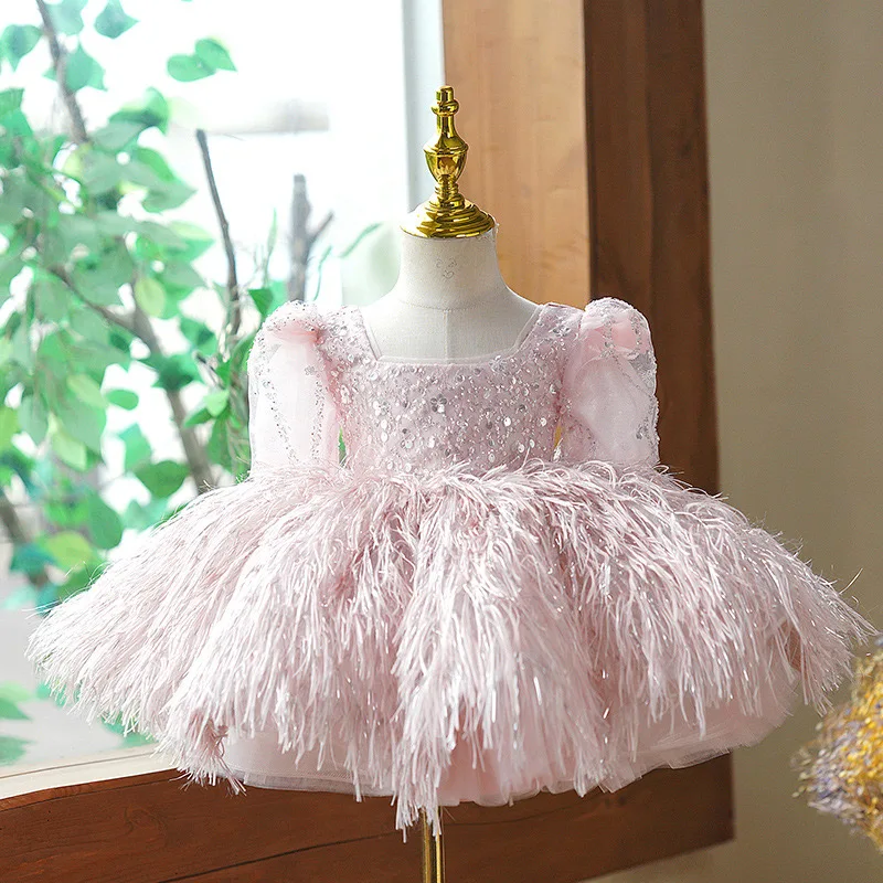 Spring White Sequined Feather Fluffy Celebration Frock Kid Party Prom Gown Flower Girls Wedding Dresses Children Baby Clothing