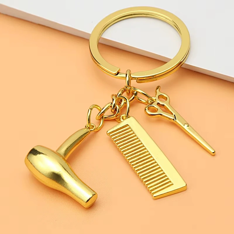 Multifunctional Metal Keychain Hairdryer Scissors Comb Model Keyring Steel Personalized Hairdresser Key Chain