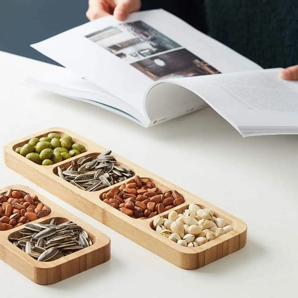 Hot Selling 3 Grids Natural Bamboo Dry Fruit Serving Plate Divider Multi-functional Tray for Nuts Appetizer Snack