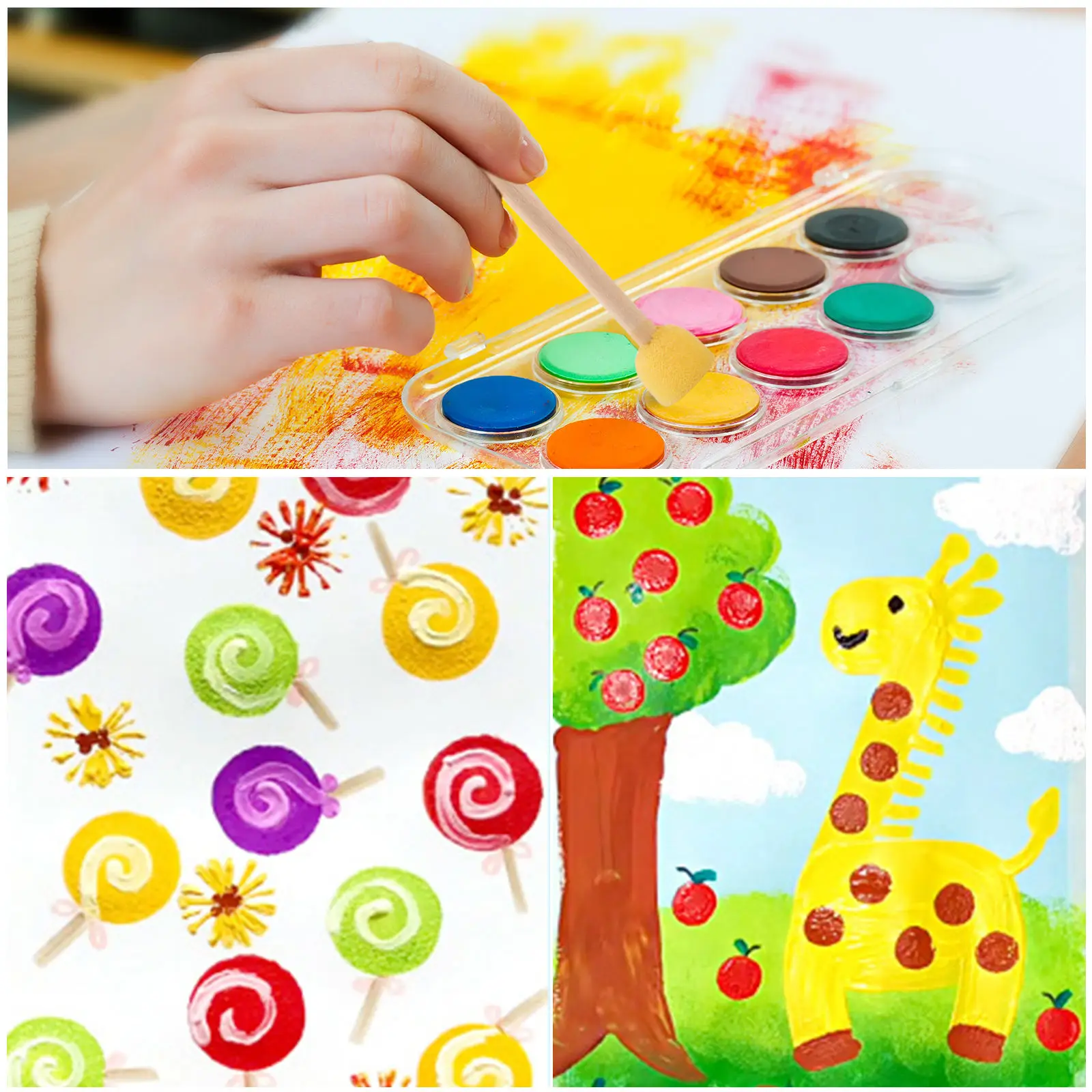 Hot selling colored foam paint brush wood handle for kids diy school children education round shape painting mushroom stamp