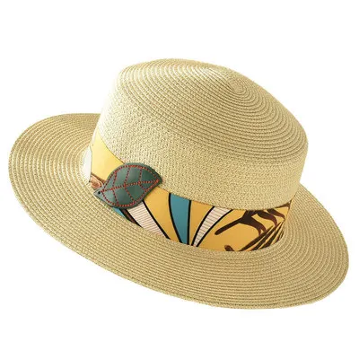 Fashion Summer Casual Outdoor Party Beach Sunshade Leaf Print Ribbon Stripe Sun Hat Flat Top Straw Boater Hats for Men Women