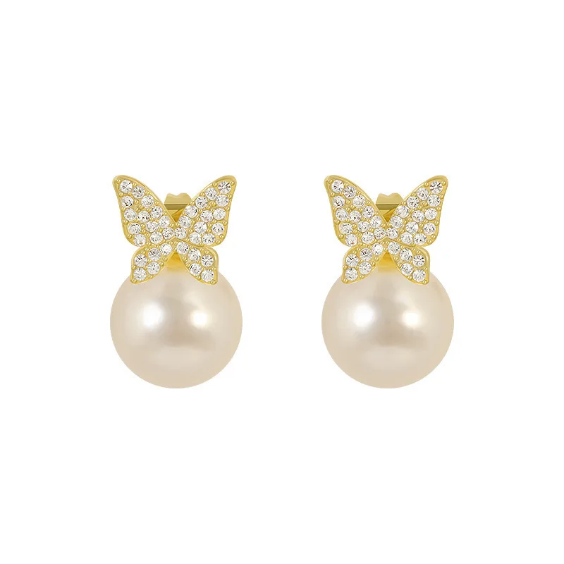 New 18K Gold Plated Crystal Luxury Design Minimalist Butterfly Shaped Round Pearl Zircon Stud Earrings