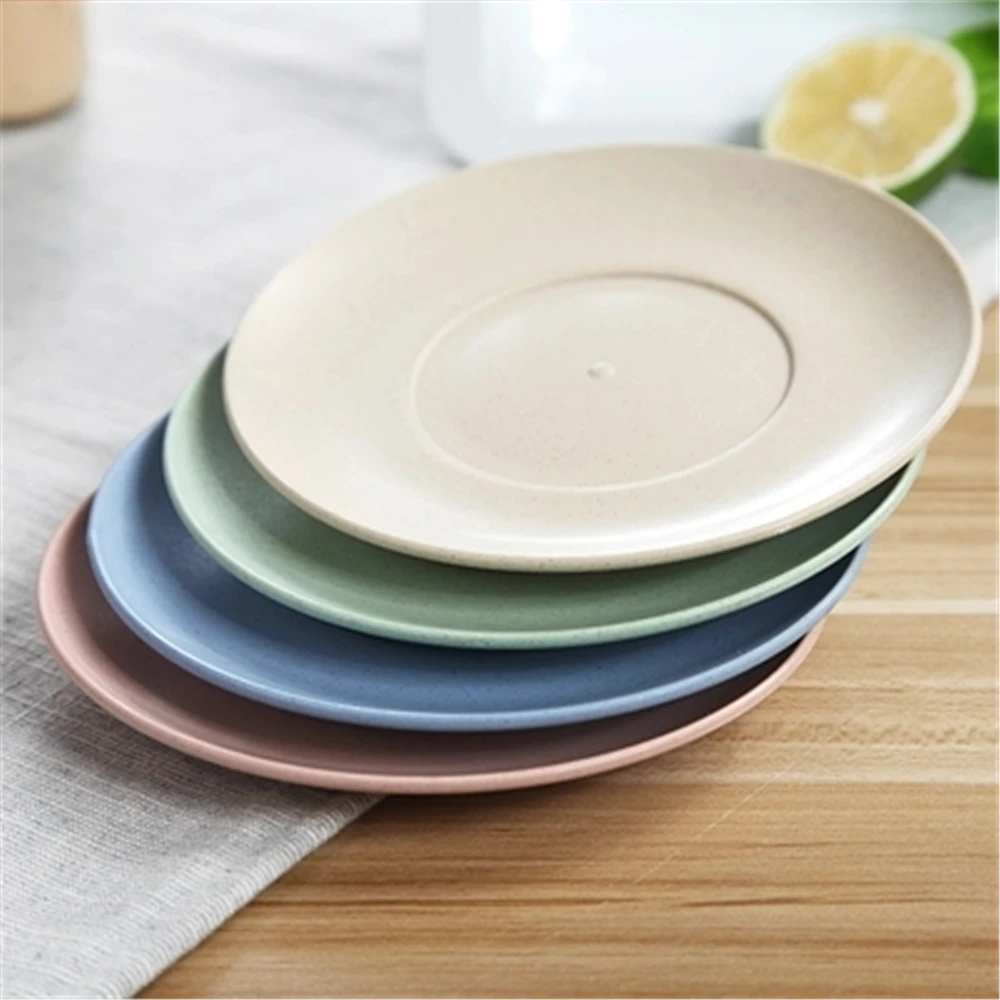 Household Lightweight Natural Wheat Straw Plastic Round Fruit Cake Dessert Dishes Plate