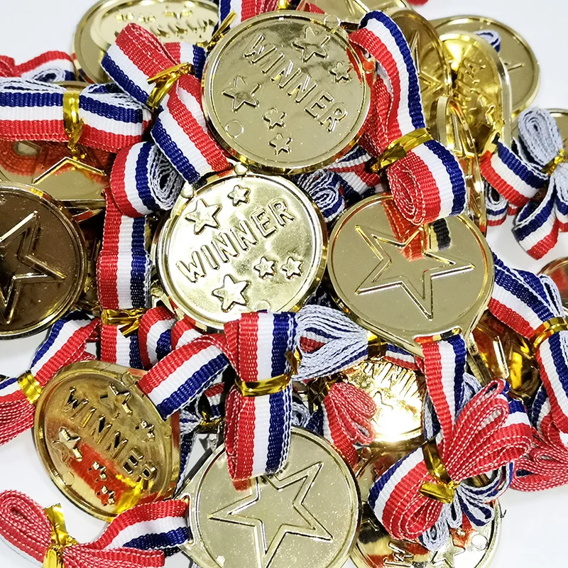 No Minimun order plastic five star electroplated prize gold medal with ribbon for Childrens Toys