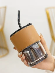 Bamboo Coffee Cup,Portable High Beauty Net Red Glass Coffee Cup Reusable Large-Capacity Juice Milk Mug with Straws &Lids