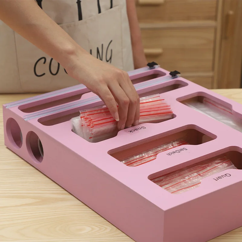 Plastic Wrap Dispenser with Cutter and Ziplock Bag organizer,9 IN 1 Bamboo Ziplock Bag Storage Organizer for Kitchen Drawer