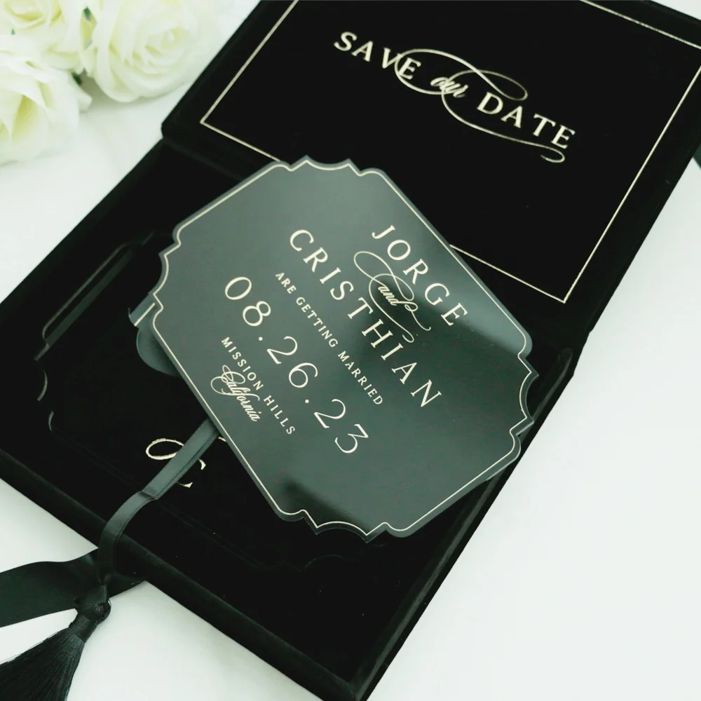 New Arrival Silk Tassel Cream Velvet Wedding Invitation Box Custom Wedding Logo Thick Acrylic Wedding Cards Invitation