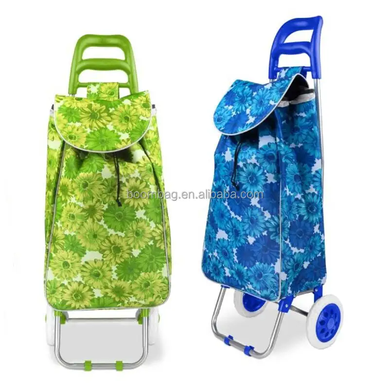 Supermarket Reusable Flower Pattern Overall Printing Portable Folding Grocery Trolley Shopping Bag with Wheels