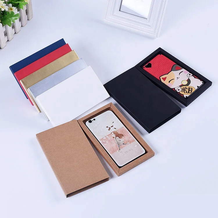 Drawer style sliding out kraft paper phone case retail packaging gift box with frost PVC sleeve