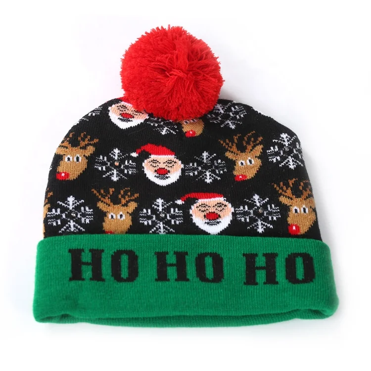 Wholesale Price New Winter Festival Xmas Party Pompom Led Hats Kids Light-up Caps Women Christmas Knitted Beanies
