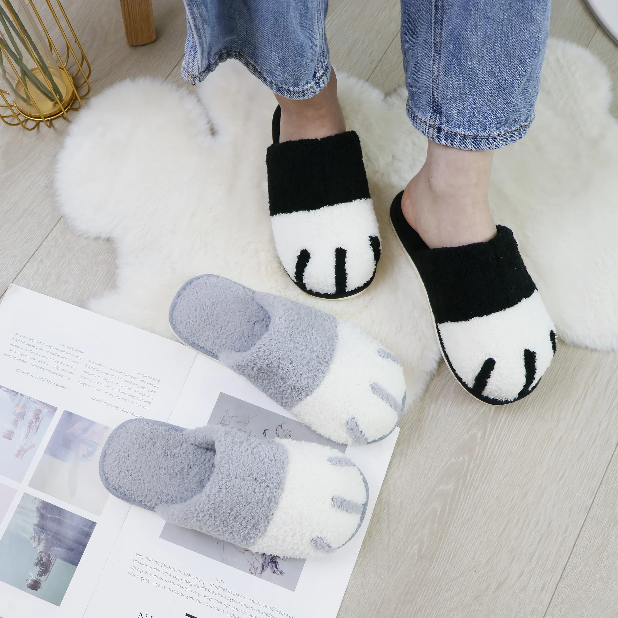 2022 Wholesale Cheapest Ladies Cute Plush Indoor Cat Paw Slippers Women Home Cartoon Animal Fluffy Warm Claw Slippers
