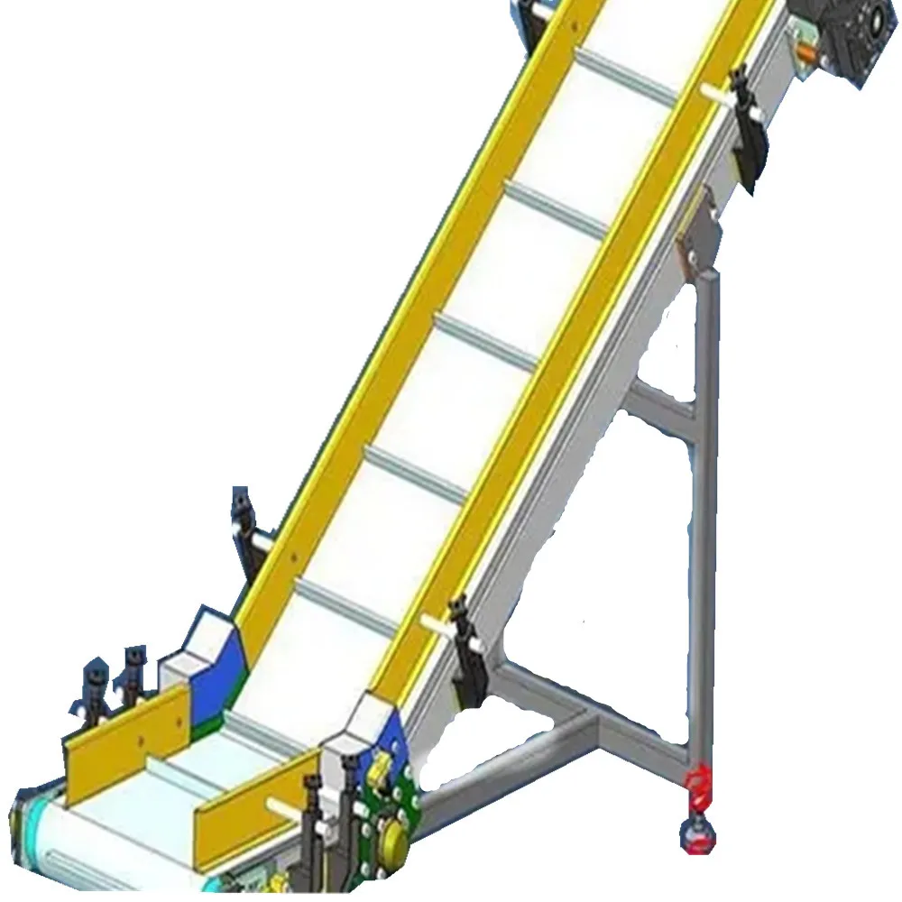 inclined belt conveyor with stainless steel hopper at the infeed point