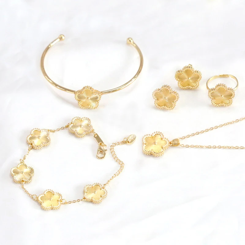 5pcs/set high quality 18k gold plated double sided flower set earrings necklace bracelet bangle ring butterfly jewelry set women