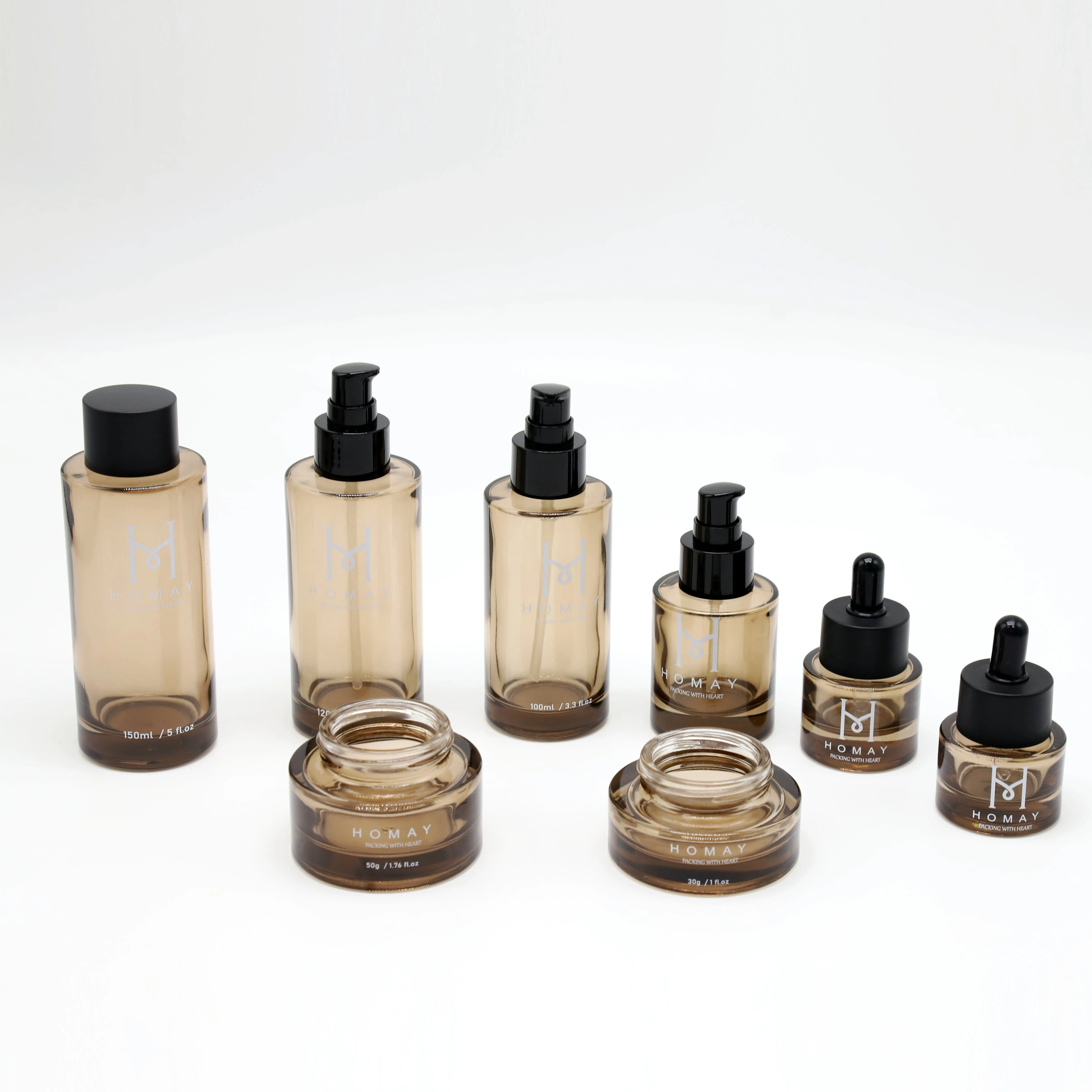 Homay packaging high ended 10ml 20ml 30ml 50ml 100ml amber glass lotion bottle set for facial care products