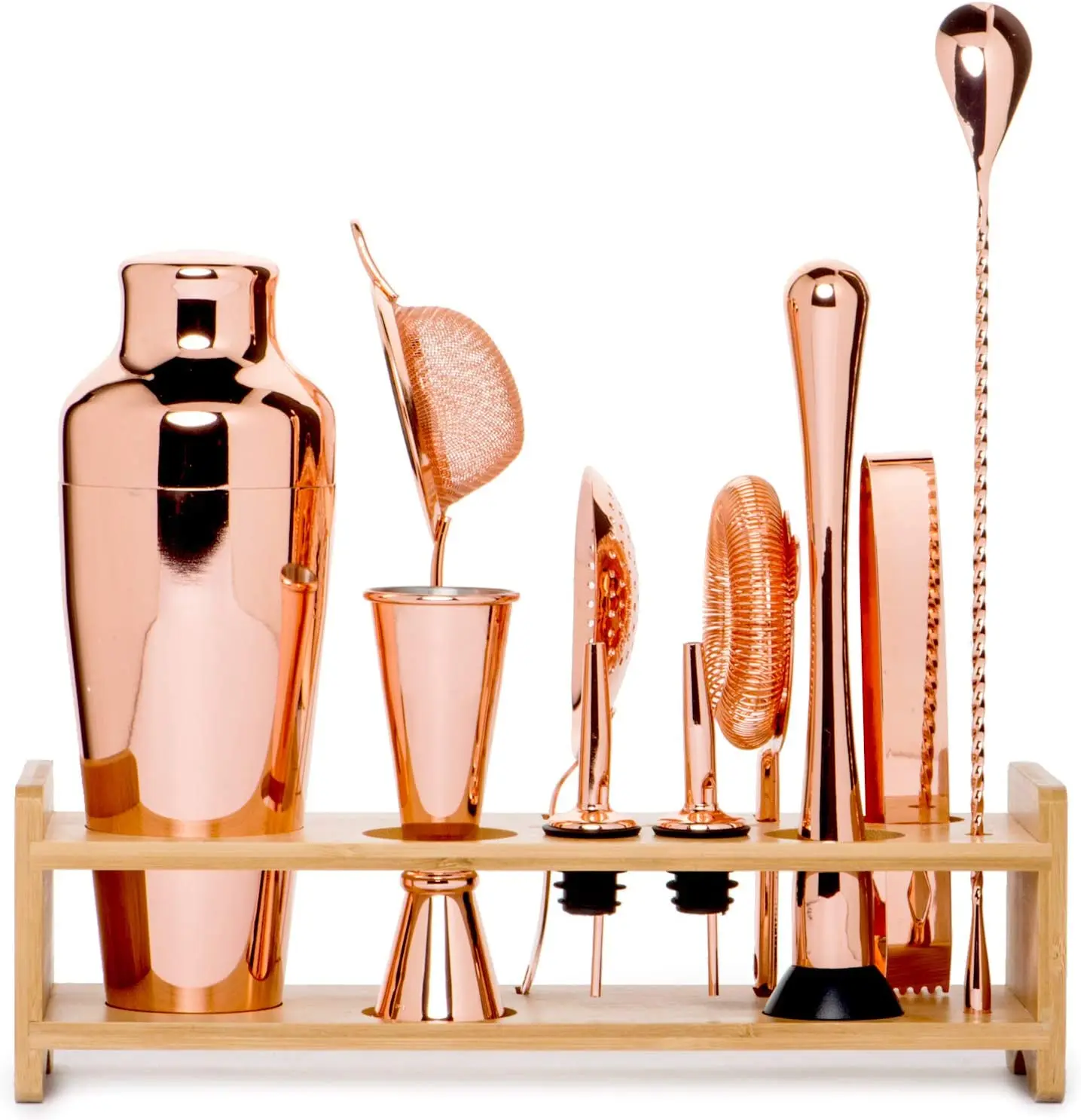Martini Bartender Kit Copper Coated Set with Bamboo Stand 19 oz Parisian Gold Cocktail Shaker with Bar Accessories