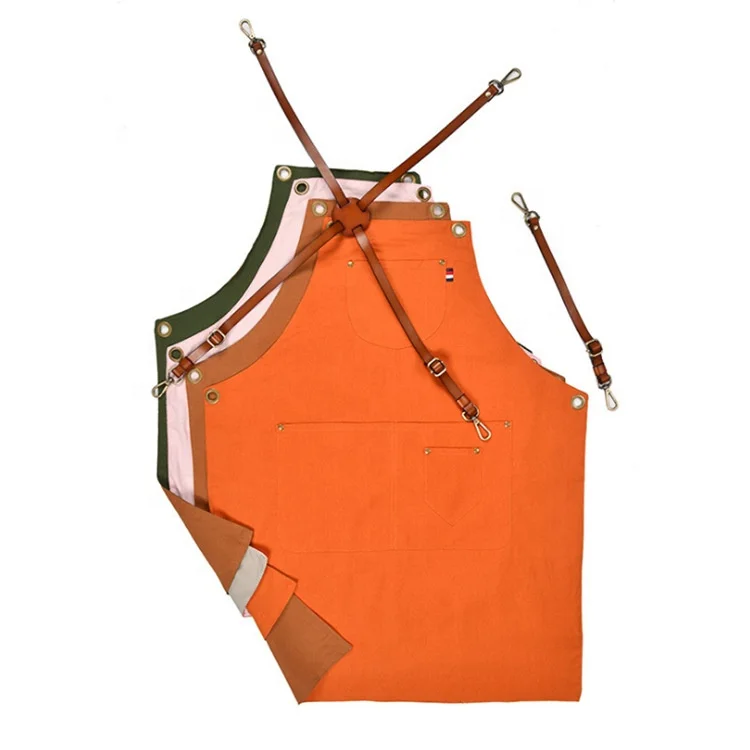 
Double-sided cotton linen apron kitchen restaurant custom logo barista overalls leather shoulder strap tool pocket apron 